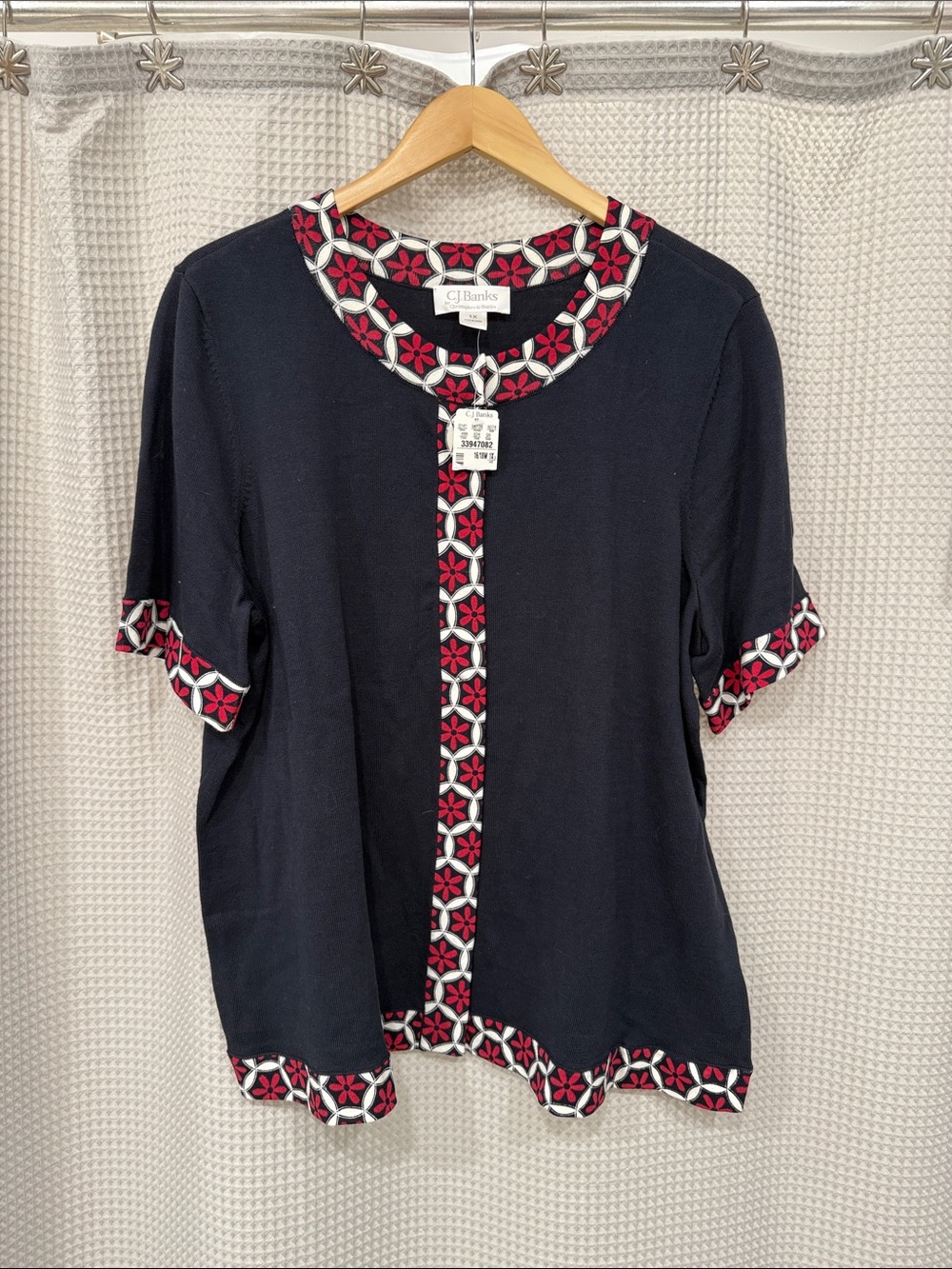 CJ Banks Navy Knit Top with Pink and White Floral Trim
